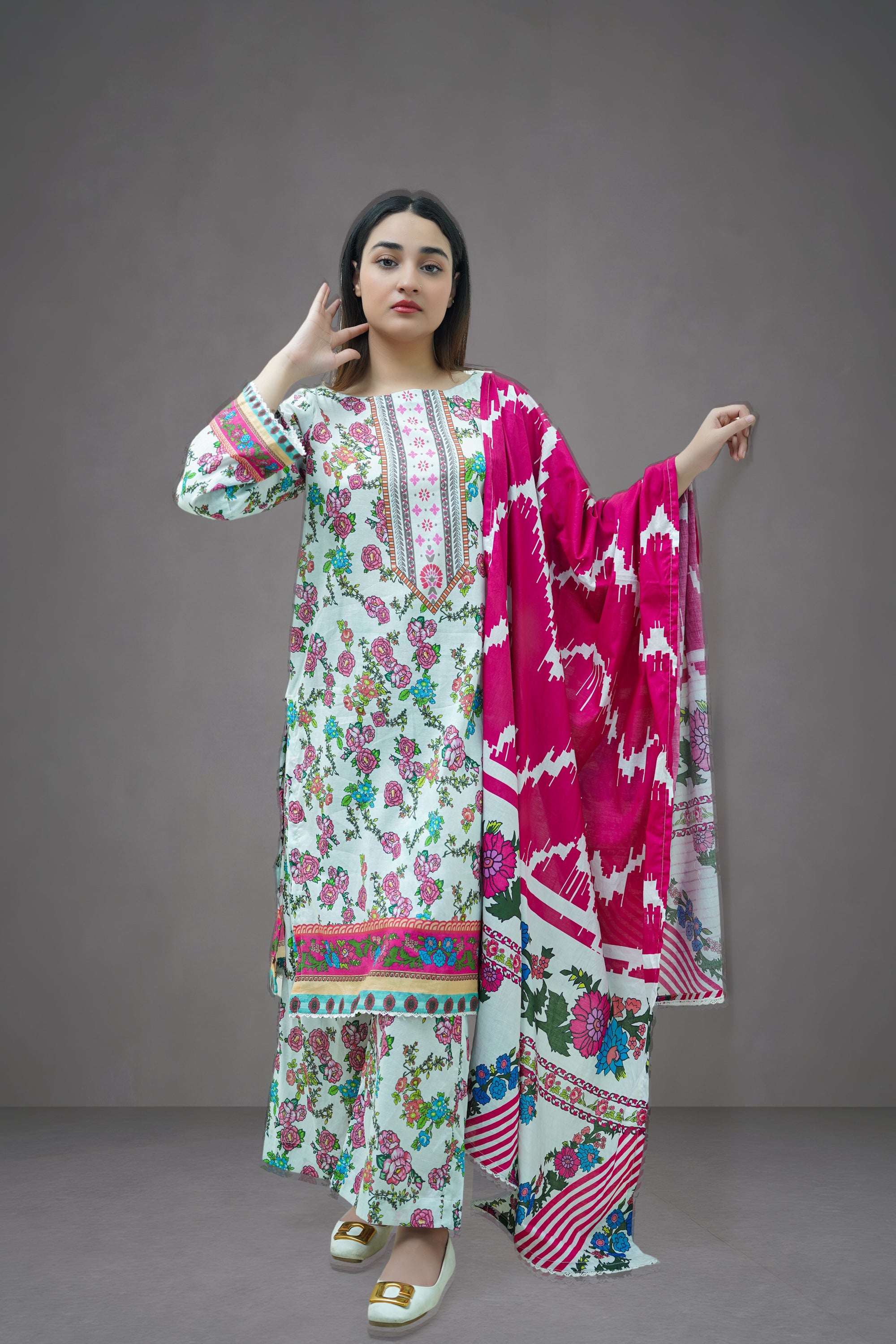 Pink Floral 3-Piece Lawn Suit Unstitched (A-120)