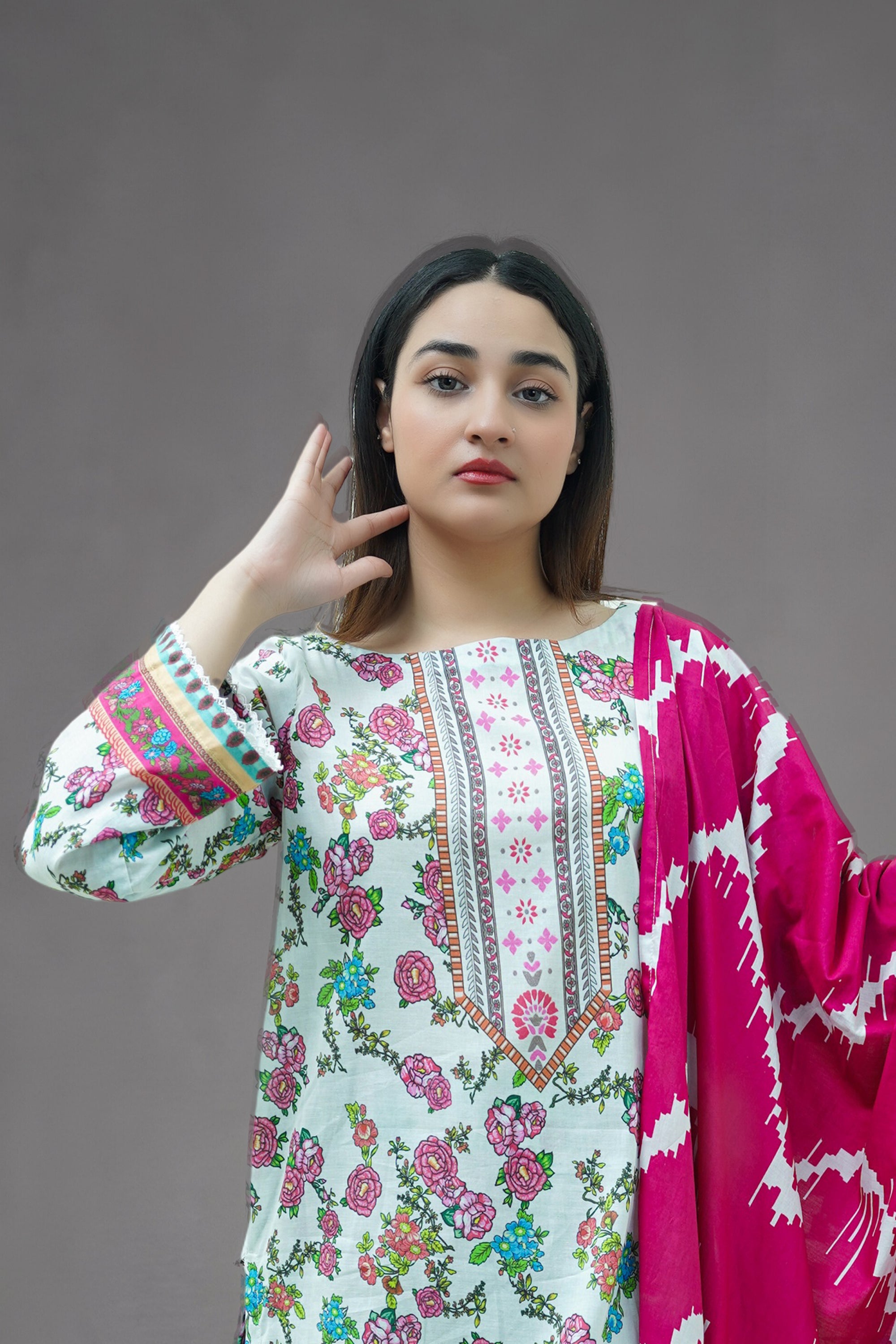 Pink Floral 3-Piece Lawn Suit Unstitched (A-120)